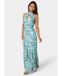 Bebe Womens Printed Chiffon Halter Ruffle Dress