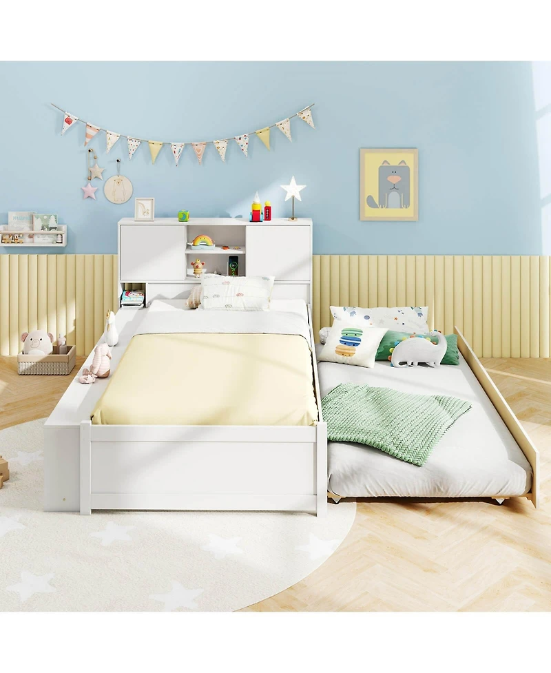 Twin Size Bed Frame with Trundle & Power Outlet Bookcase Headboard Sliding Doors