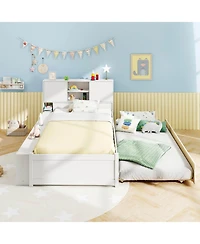 Twin Size Bed Frame with Trundle & Power Outlet Bookcase Headboard Sliding Doors