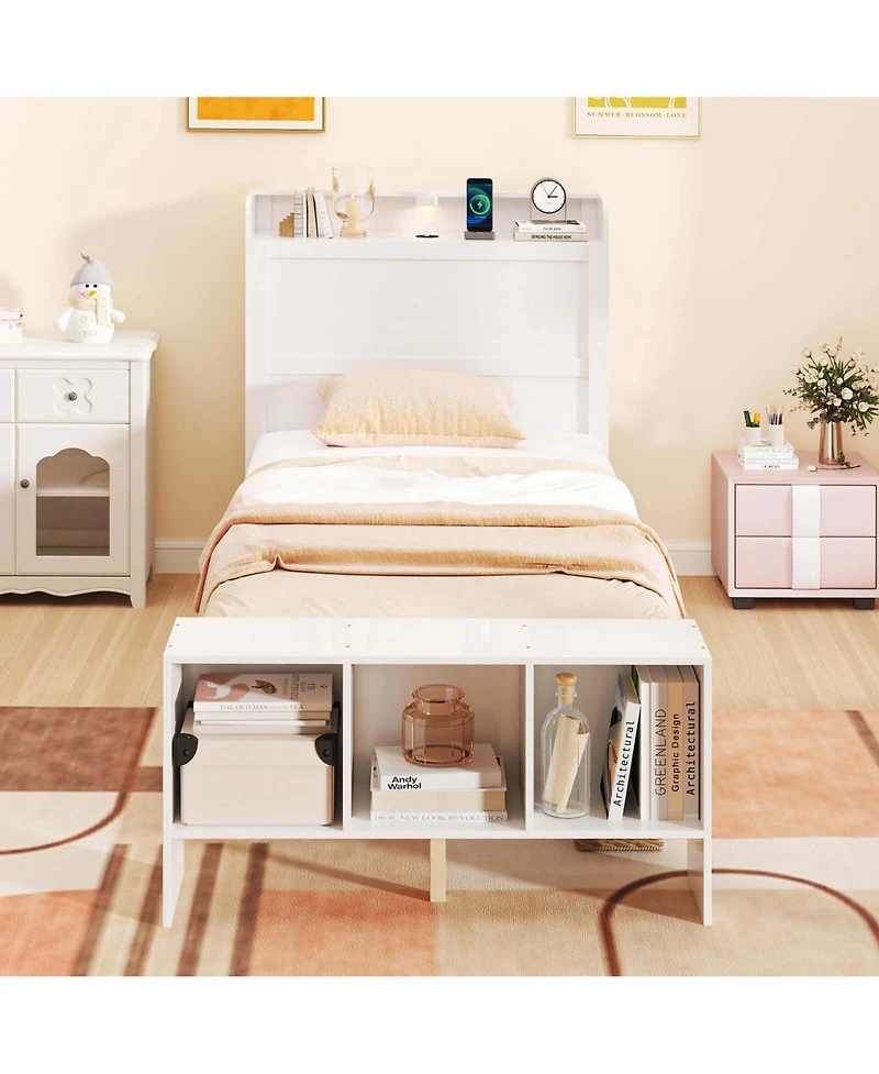 Costway Twin Size Bed Frame with Storage Headboard & Footboard Led Bed Frame with 2 Usb Ports