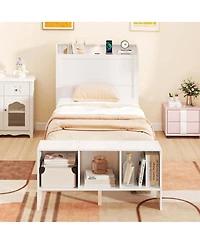 Costway Twin Size Bed Frame with Storage Headboard & Footboard Led Bed Frame with 2 Usb Ports