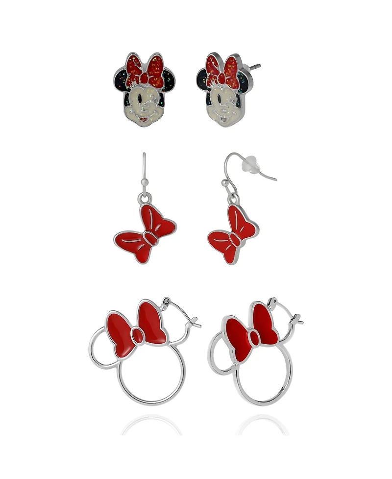 Disney Minnie Mouse Bow Earring Set, 3 Pairs (Hoops, Drops & Studs), Silver Tone