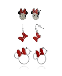 Disney Minnie Mouse Bow Earring Set, 3 Pairs (Hoops, Drops & Studs), Silver Tone