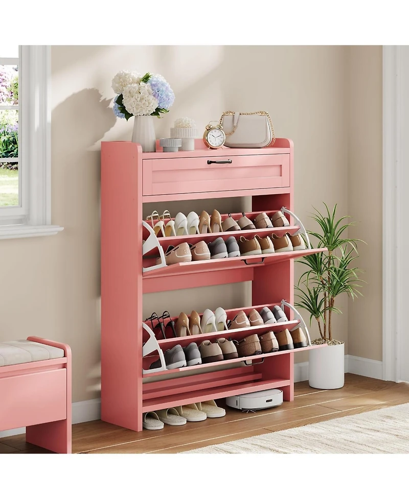 gaomon Shoe Cabinet with 2 Flip Drawers and 1 Top Drawer High-Gloss Painted Wood Shoe Organizer with Adjustable Shelves Freestanding Hidden Shoe