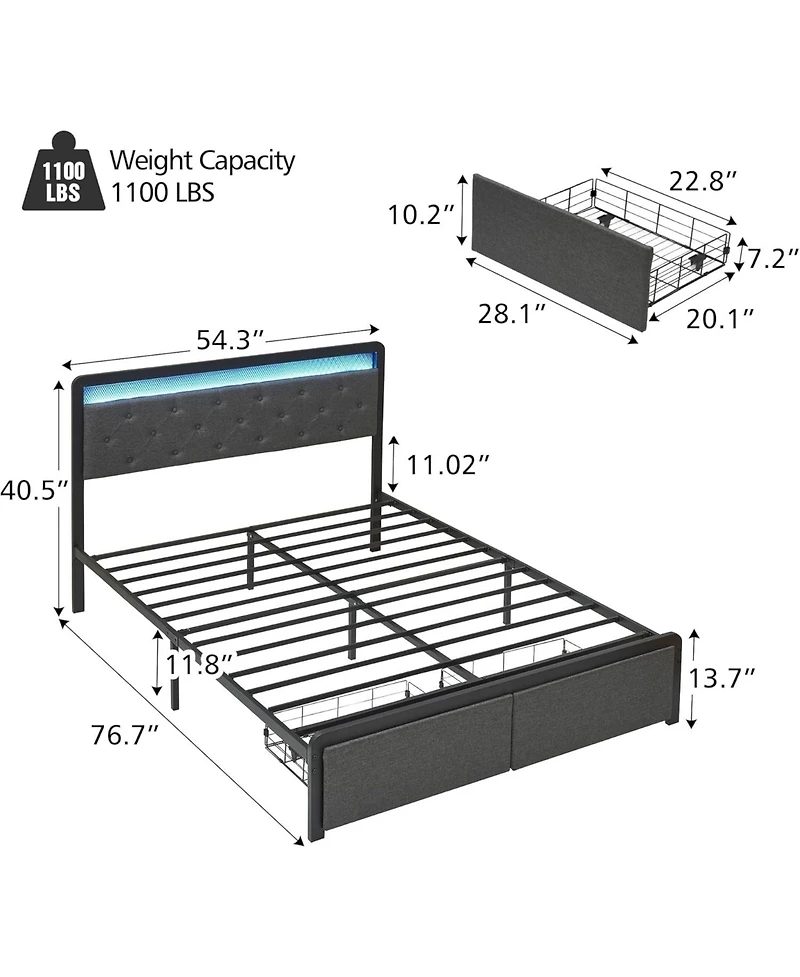 gaomon Bed Frame with Led Lights and 2 Storage Drawers Headboard,Upholstered Bed Frame with Under Bed Storage,Non-Slip and Noise-Free