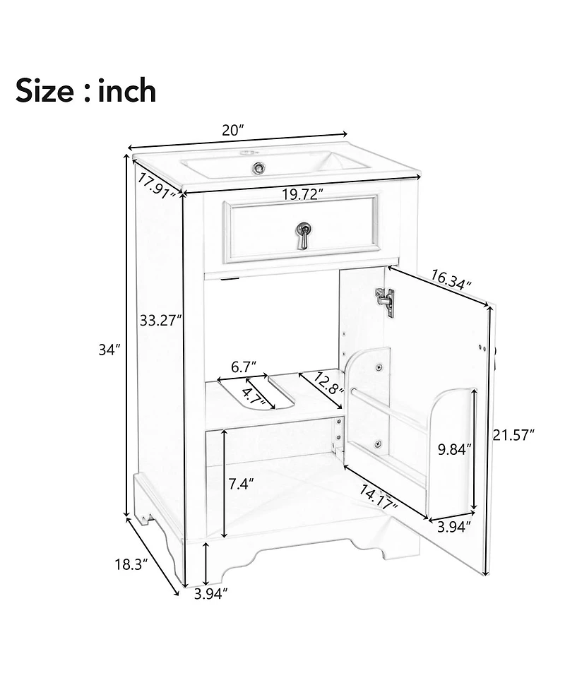 Sillysis 20" Bathroom Vanity with Ceramic Sink, Soft Close Door, Adjustable Shelf & Door Storage for Small Bathrooms