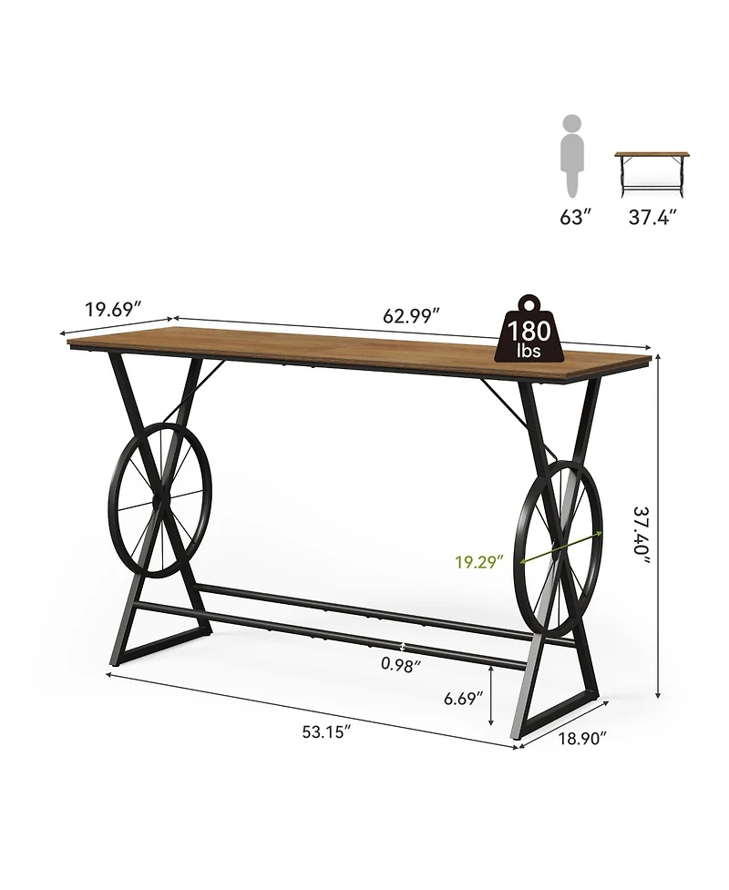 Tribesigns 63" Bar Table, Long Counter Height Table, Modern Kitchen Bar Height Table with Footrest & Wheel-Shaped Legs