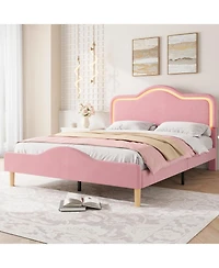 gaomon Queen Bed Frame Adjustable Led Headboard Velvet Upholstered Platform Wooden Slats No Box Spring