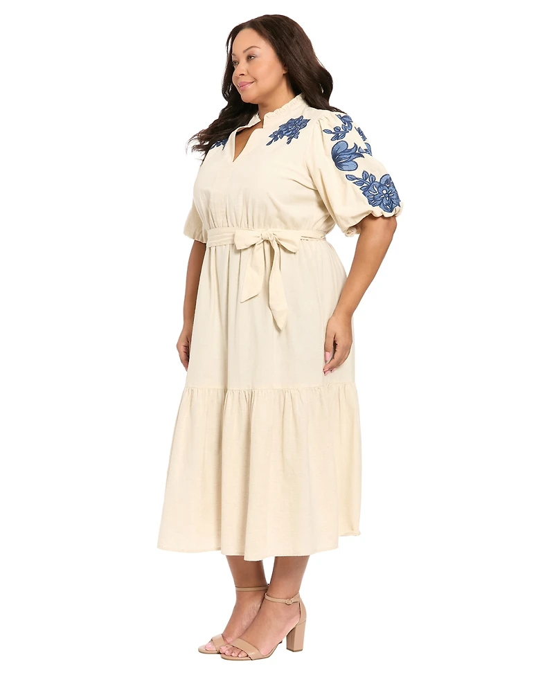 London Times Plus Split V-Neck A-Line Midi Dress