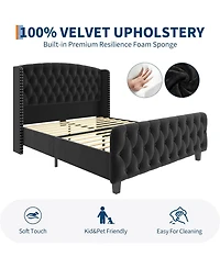 gaomon Bed Frame with Deep Button Tufted Wingback Headboard and Footboard, Velvet Upholstered Platform Bed Frame