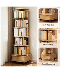 Rainsken 6 Tier Rotating Bookshelf with Drawers On Wheel