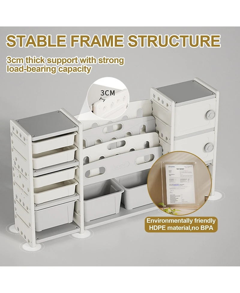 Rainsken 4-Tier Kids Bookshelf, Book Display Stand, Toy Storage Organizer with 8 Bins and 2 Cabinet for Playroom, Bedroom, Kids Room