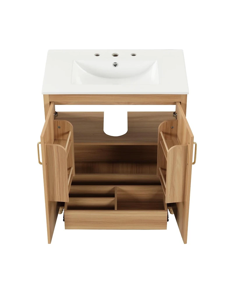 Sillysis 30" Bathroom Vanity with Ceramic Sink, Natural Solid Wood & Mdf Cabinet, Adjustable Shelf, Drawer Storage for Modern Bathrooms-Sillysis