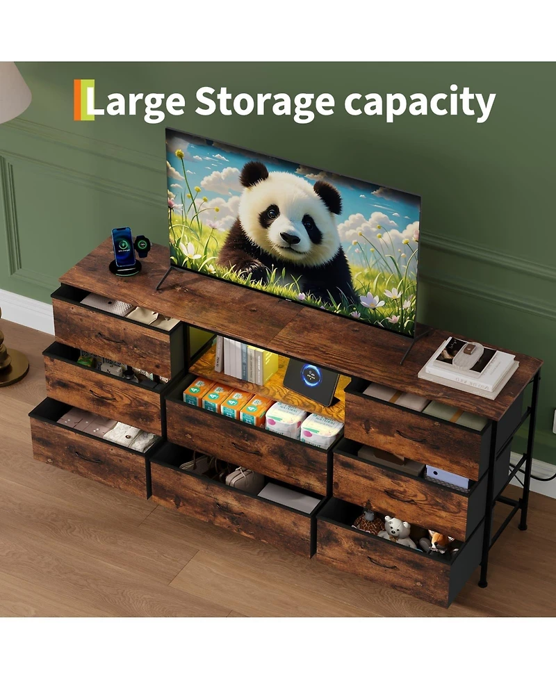 gaomon 63" Tv Stand with 8 Fabric Drawers and Led Lighting, Steel Frame Media Console for 65 70 75 Inch Televisions