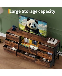 gaomon 63" Tv Stand with 8 Fabric Drawers and Led Lighting, Steel Frame Media Console for 65 70 75 Inch Televisions