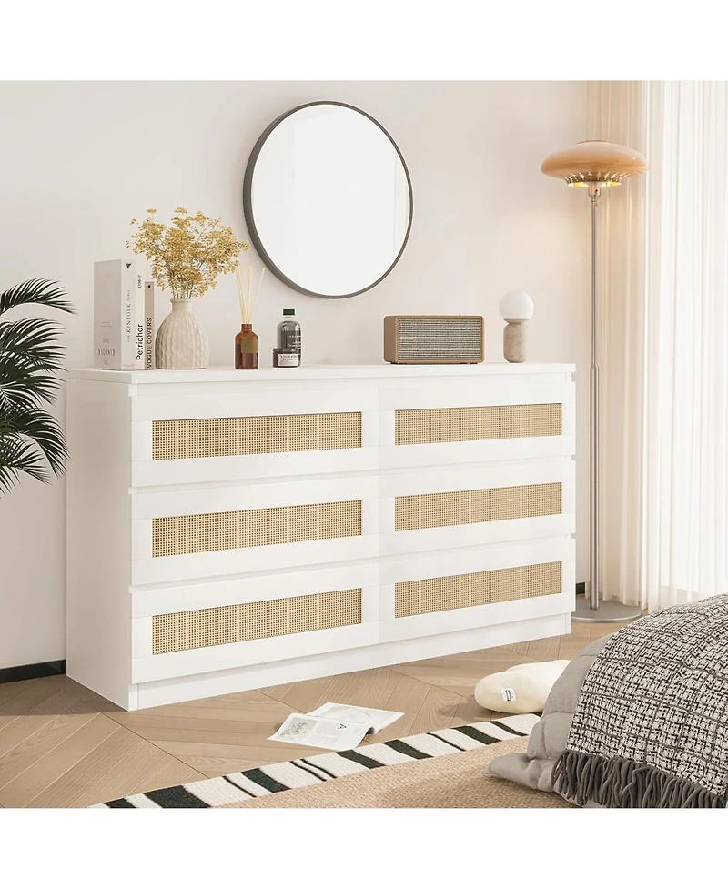 gaomon Rattan Dresser for Bedroom, Modern 6 Drawer Double Wide Wood Chest of Drawers Living Room, Hallway