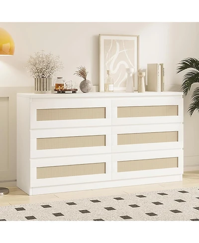 gaomon Rattan Dresser for Bedroom, Modern 6 Drawer Double Wide Wood Chest of Drawers Living Room, Hallway