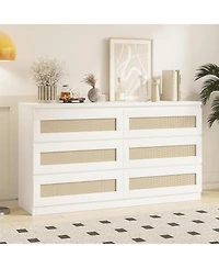 gaomon Rattan Dresser for Bedroom, Modern 6 Drawer Double Wide Wood Chest of Drawers Living Room, Hallway