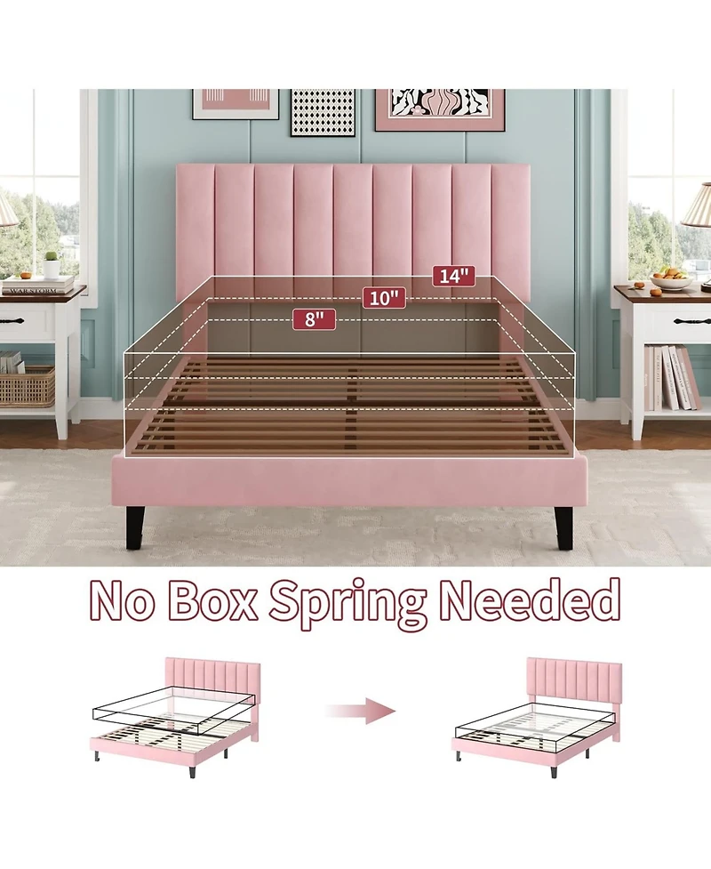 gaomon Bed Frame, Velvet Upholstered Platform Bed with Adjustable Vertical Channel Tufted Headboard, No Box Spring Needed, Easy Assembly