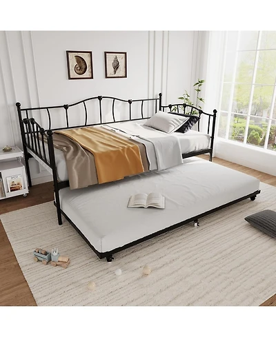 gaomon Metal Twin Daybed With Trundle Bed, Twin Size Day Bed With Pullout Trundle and Headboard, Metal Sofa Bed Frame With Steel Slat Support