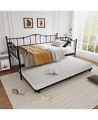 gaomon Metal Twin Daybed With Trundle Bed, Twin Size Day Bed With Pullout Trundle and Headboard, Metal Sofa Bed Frame With Steel Slat Support