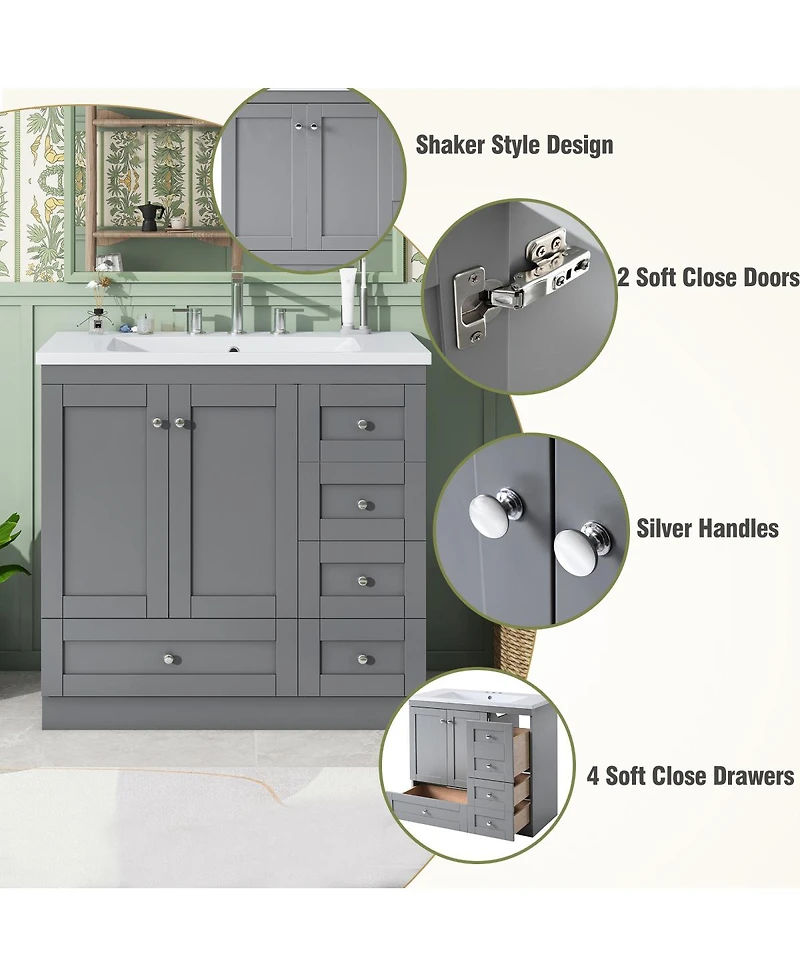 Sillysis 36" Shaker Bathroom Vanity with Resin Sink, 4 Soft Close Drawers & 2 Doors, Ample Storage for Modern Homes