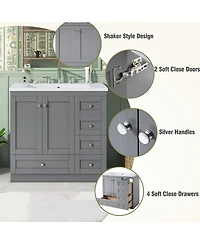 Sillysis 36" Shaker Bathroom Vanity with Resin Sink, 4 Soft Close Drawers & 2 Doors, Ample Storage for Modern Homes