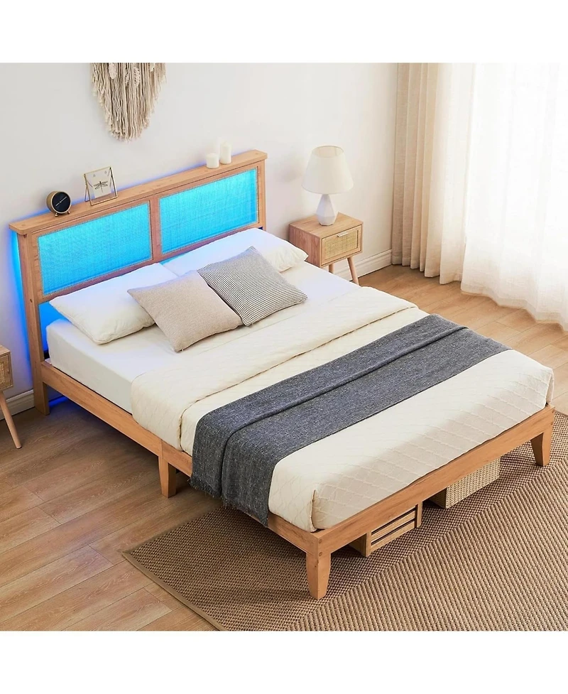 gaomon Rattan Bed Frame Wood Headboard Led Lights Wooden Slats Noise-Free Easy Assembly No Box Spring.