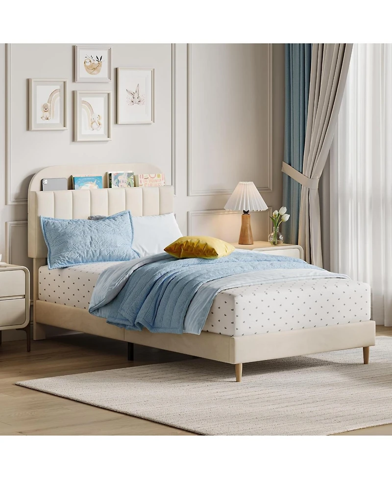 gaomon Storage Headboard, Velvet Upholstered Platform Blue Bedframe for Kids, Girl Bed, Strong Wooden Slats, Noise-Free