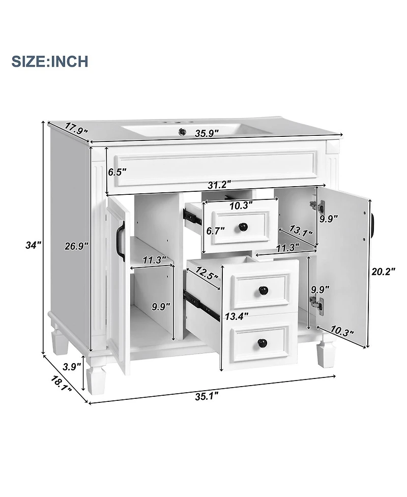 Sillysis 36" Bathroom Vanity with Sink and Mirror, Modern Freestanding Solid Wood Cabinet with Storage Drawers and Ceramic Top