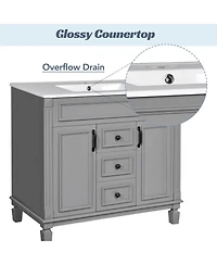 Sillysis 36" Bathroom Vanity with Sink and Mirror, Modern Freestanding Solid Wood Cabinet Storage Drawers Ceramic Top-Sillysis