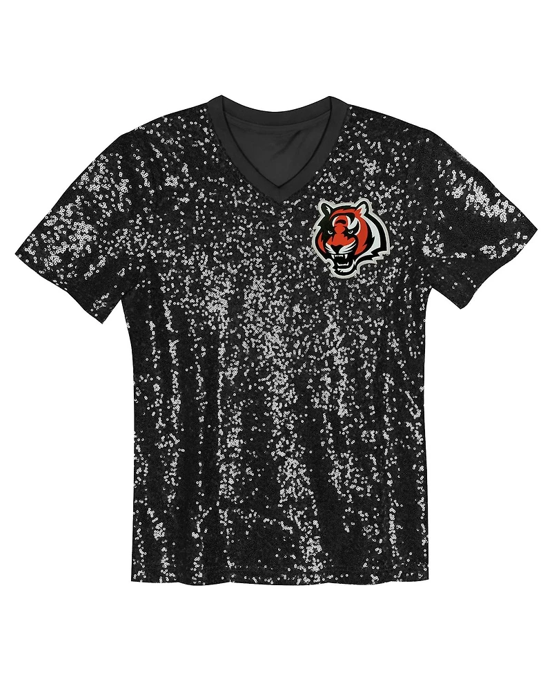 Outerstuff Big Girls Black Cincinnati Bengals Wordmark Sequin V-Neck Top