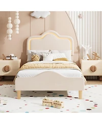 Gaomon Twin Upholstered Led Bed Frame with Adjustable Headboard and Footboard, Velvet Princess Platform Bedframe for Kids/Girls, Easy Assembly