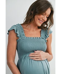 Hello Miz Maternity Empire Waist Cap Sleeve Smocked Dress with Ruffle Hem