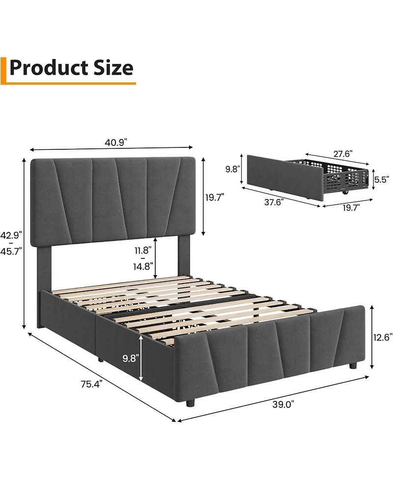 gaomon Bed Frame with Adjustable Headboard and 4 Storage Drawers, Soft Upholstered Platform Bed Frames with Wooden Slats Support
