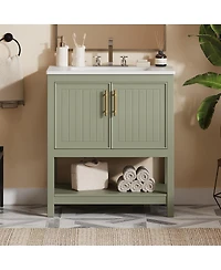 Sillysis 30" Bathroom Vanity with Ceramic Sink, Soft Close Doors & Open Shelf, Space-Saving Storage for Small Bathrooms