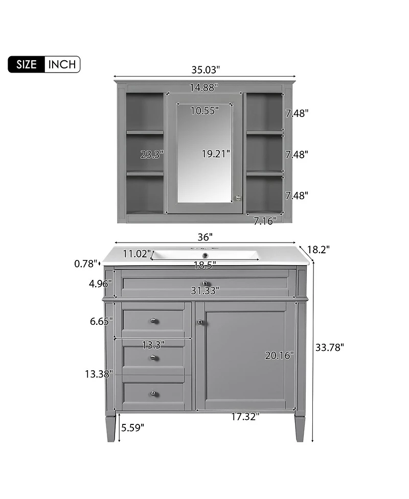 Sillysis 36" Bathroom Vanity with Sink and Mirror, Modern Freestanding Solid Wood Mdf Cabinet, 3 Drawers 2 Doors for Large Storage