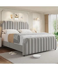 gaomon Queen Platform Bed Upholstered Headboard Footboard Strong Wooden Slats No Box Spring Required Light