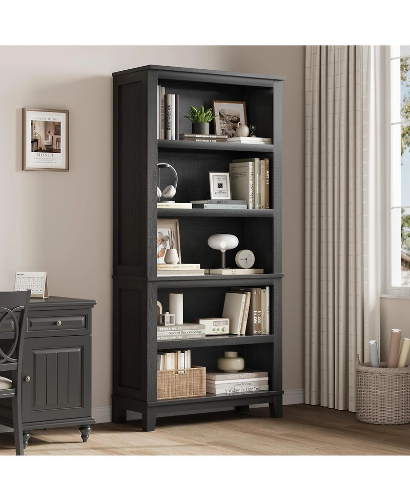 Gaomon Tall 5-Tier Farmhouse Bookcase with Adjustable Shelves, Wide, Wood Bookshelf with Wooden Legs for Living Room, Office, Library