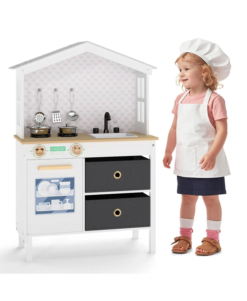 Mecale Kids Play Kitchen Toy with 2 Stoves & Rotating Knobs, Wooden Pretend Play Set