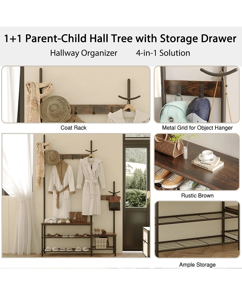 Rainsken Coat Rack with Shoe Storage Bench with High and Low Seat Design and 6 Hooks for Entryway, Hallways