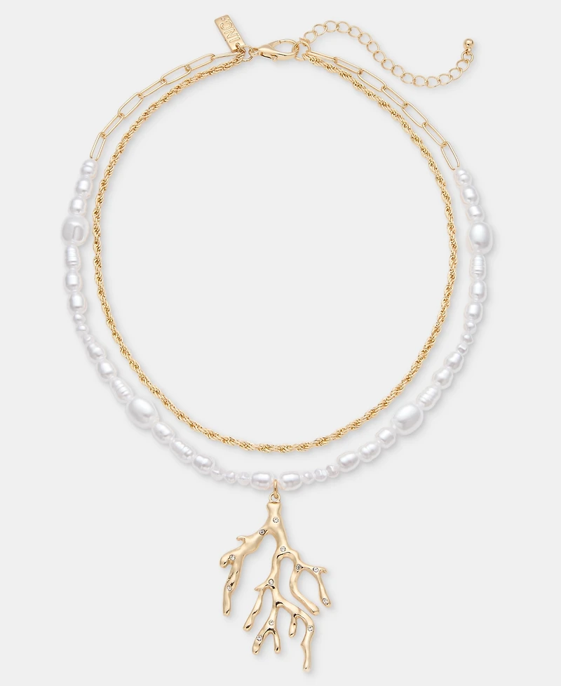 I.n.c. International Concepts Pave & Imitation Pearl Coral Layered Pendant Necklace, 16-1/2" + 3" extender, Macy's Exclusive