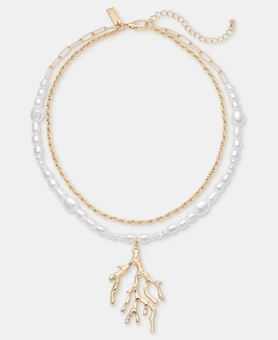 I.n.c. International Concepts Pave & Imitation Pearl Coral Layered Pendant Necklace, 16-1/2" + 3" extender, Macy's Exclusive