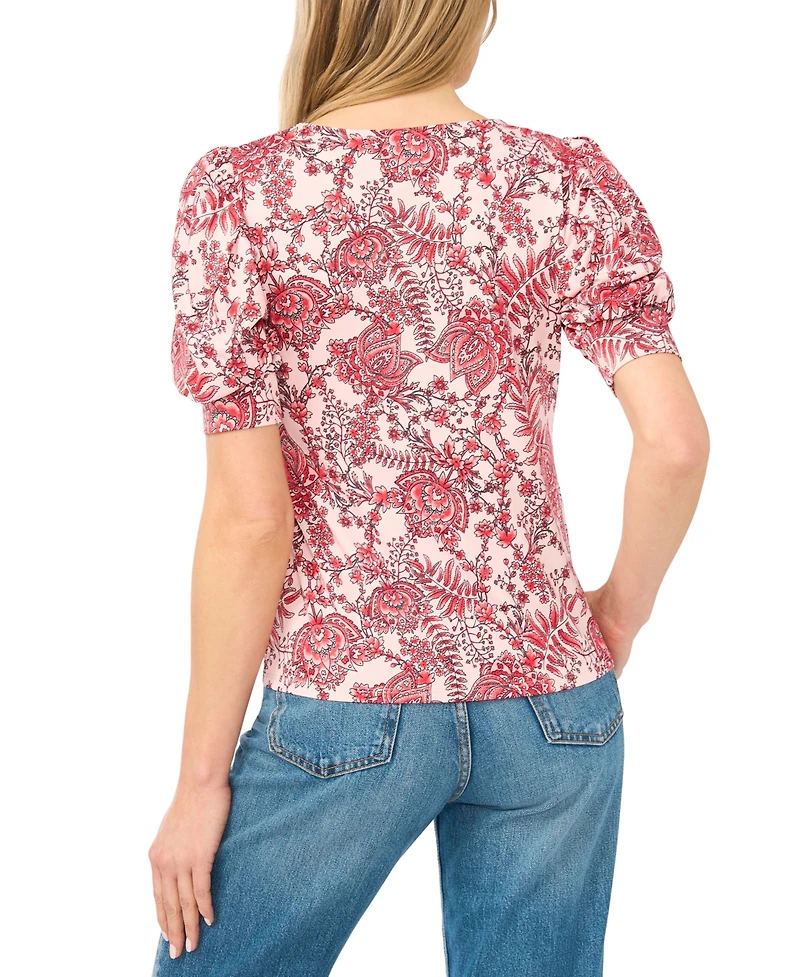 CeCe Women's Crew Neck Shirred Short-Sleeve Blouse