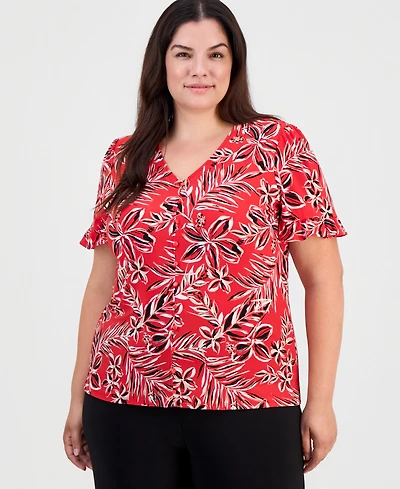 Anne Klein Essentials Plus Ruffled-Cuff Short-Sleeve Top