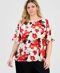 Anne Klein Plus Floral-Print Half-Sleeve Top