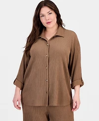 Anne Klein Plus Button-Front Roll-Tab-Sleeve Shirt