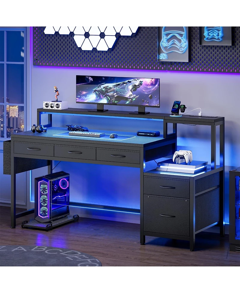 Homlux 61" Modern Computer Lap Desk Table w/Storage Drawer, Monitor Stand, Charging Station, Side Pocket