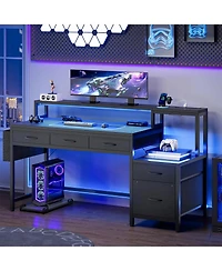 Homlux 61" Modern Computer Lap Desk Table w/Storage Drawer, Monitor Stand, Charging Station, Side Pocket