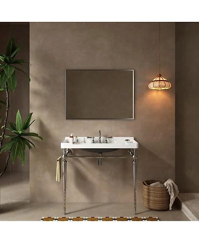 Sillysis 36 Bathroom Console Sink with White Ceramic Vanity, Wall Mounted Basin & Stainless Steel Legs, Towel Bar Included